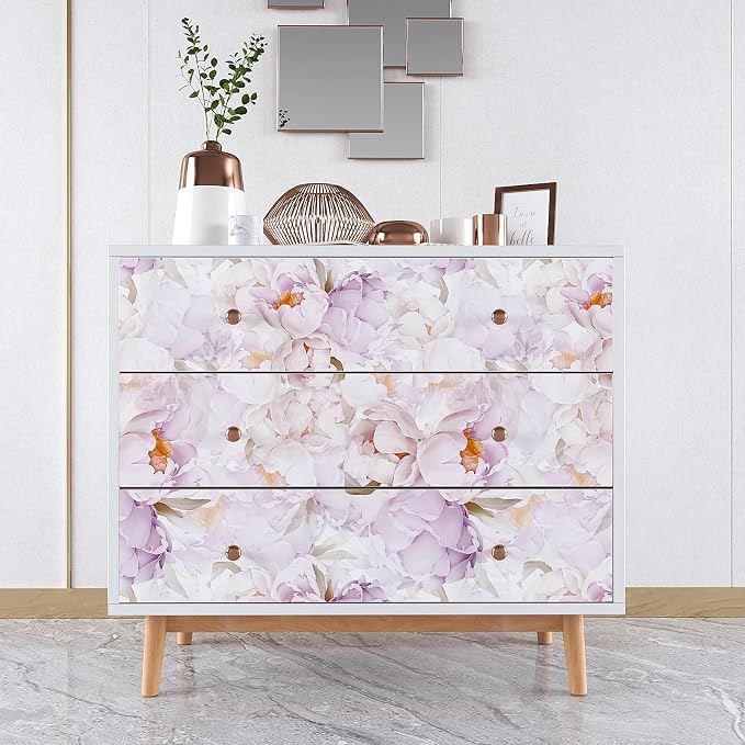 VEELIKE Lavender Floral Wallpaper Peel and Stick Large Peonies Wall Mural for Girls Room Nursery Prepasted 17.7'x354' Removable Pink Wallpaper for Bedroom Bathroom