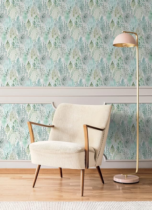 RoomMates Green Watercolor Tree Mosaic Peel and Stick Wallpaper, 20.5 in x 18 ft, Vinyl, Removable, No Sticky Residue, For Smooth Surfaces