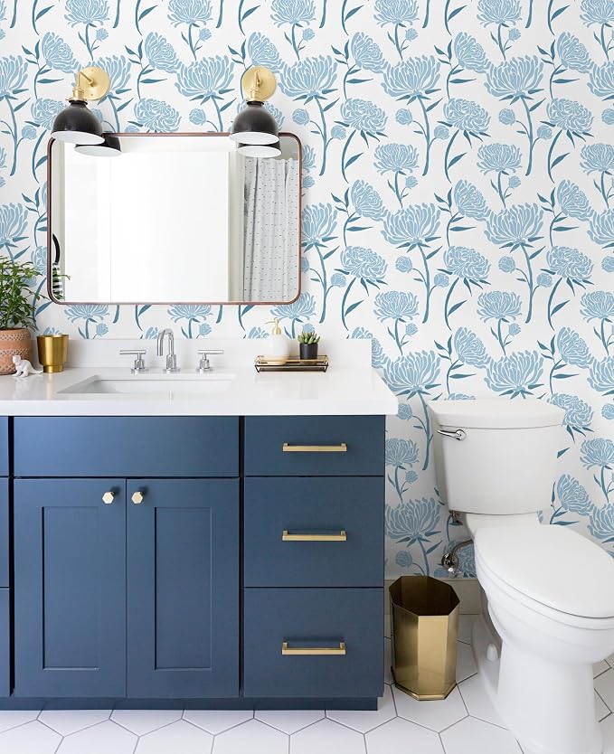 Hopepak 17.3" x 78.7" Peel and Stick Wallpaper Floral Contact Paper Blue Wall Paper Modern Self Adhesive Removable Vinyl Wallpaper for Bedroom