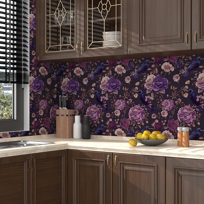Gothic Dark Purple Crow Floral Wallpaper Peel and Stick 17.5"x118" | Self Adhesive/Removable/Waterproof/Thick Vinyl Vintage Contact Paper for Bathroom Bedroom Shelf Cabinet Drawer,Prepasted
