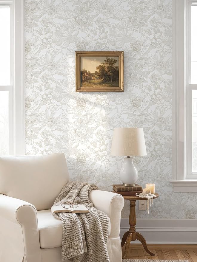 118"x17.3" Peel and Stick Wallpaper Floral Beige Neutral White Boho Contact Paper Modern Wallpaper Removable Self Adhesive Wall Paper Bedroom Bathroom Kitchen Thicken Waterproof Vinyl Roll