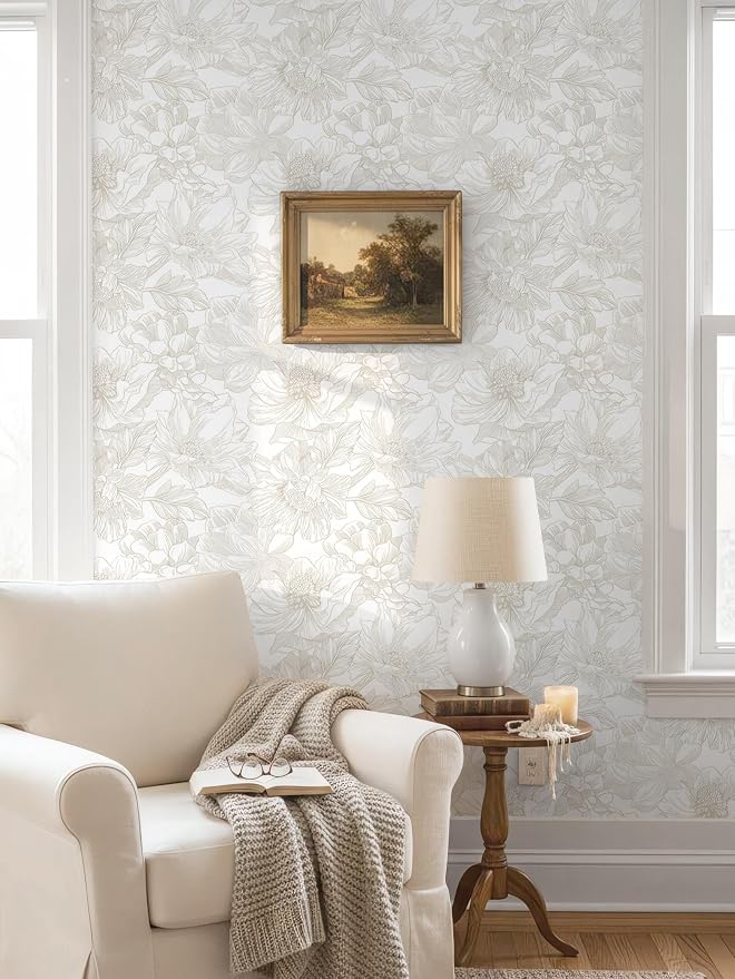 236"x17.3" Peel and Stick Wallpaper Floral Beige Neutral White Boho Contact Paper Modern Wallpaper Removable Self Adhesive Wall Paper Bedroom Bathroom Kitchen Thicken Waterproof Vinyl Roll