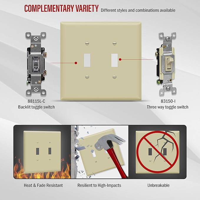 ENERLITES Double Toggle Switch Cover, Two Gang Light Switch Wall Plate, Gloss Finish, Oversized 2-Gang 5.5" x 5.5", Unbreakable Polycarbonate Thermoplastic, UL Listed, 8812O-I, Ivory
