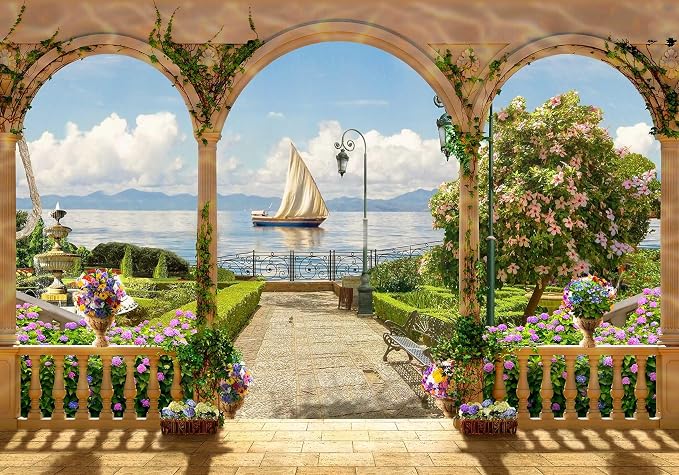 Jdayda Garden Wallpaper Seascape Sailboat | 170"x120" Not Self-Adhesive Wall Mural for Bedroom Living Room