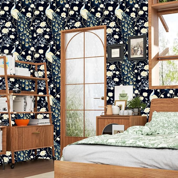 Black Vintage Peacock Peel and Stick Wallpaper 17.5" x 393" | Waterproof Vinyl Self Adhesive Removable Renter Friendly Floral Contact Paper