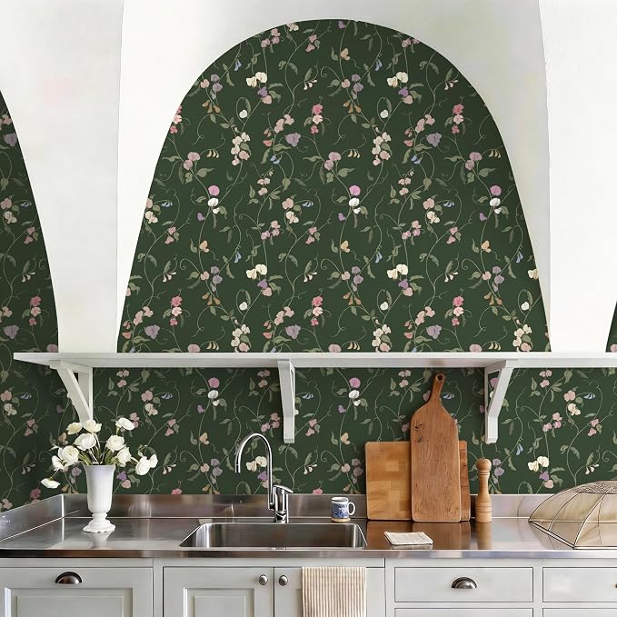 Vintage Wallpaper Peel and Stick Dark Green Floral Wallpaper Leaf Contact Paper Vinyl Waterproof Self Adhesive Boho Botanical Wall Paper for Bedroom Shlef Cabinet Decor 17.3" x 78.7"