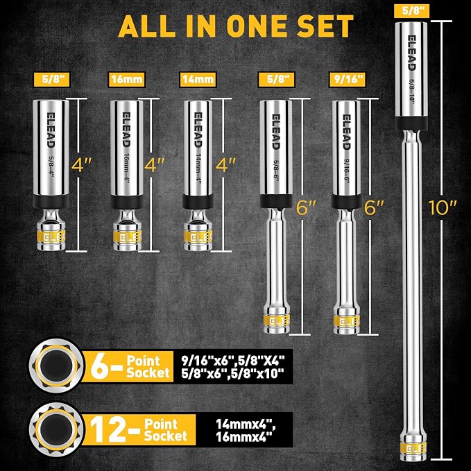 8-Piece 3/8" Drive Magnetic Swivel Spark Plug Socket Set, 5/8", 9/16", 14mm, 16mm, Include Ratchet Handle & Spark Plug Gapper, 6 & 12 Point CR-V Spark Plug Removal Tool