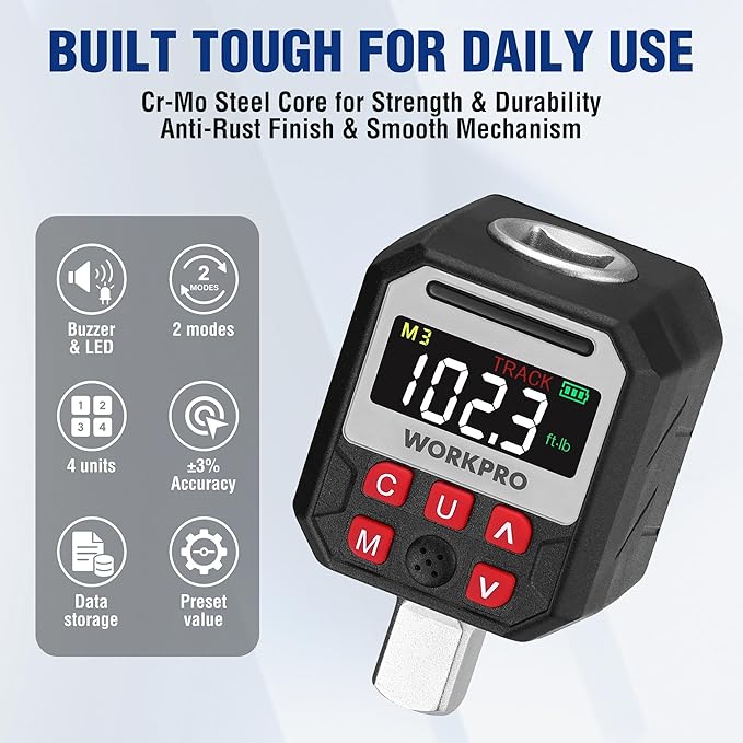 WORKPRO 1/2" Drive Digital Torque Adapter, 7.38-147.5 ft-lb (10-200 Nm), Electronic Torque Wrench Adapter with Buzzer Alert, 1/4" & 3/8" Adapters, Batteries & Case Included