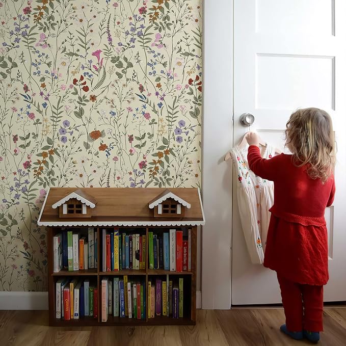 JiffDiff Floral Wallpaper Peel and Stick - 473" x 17.3" Farm Floral Wall Paper, Wildwood Daisy Self Adhesive Stick On Wallpaper Removable Conatct Paper