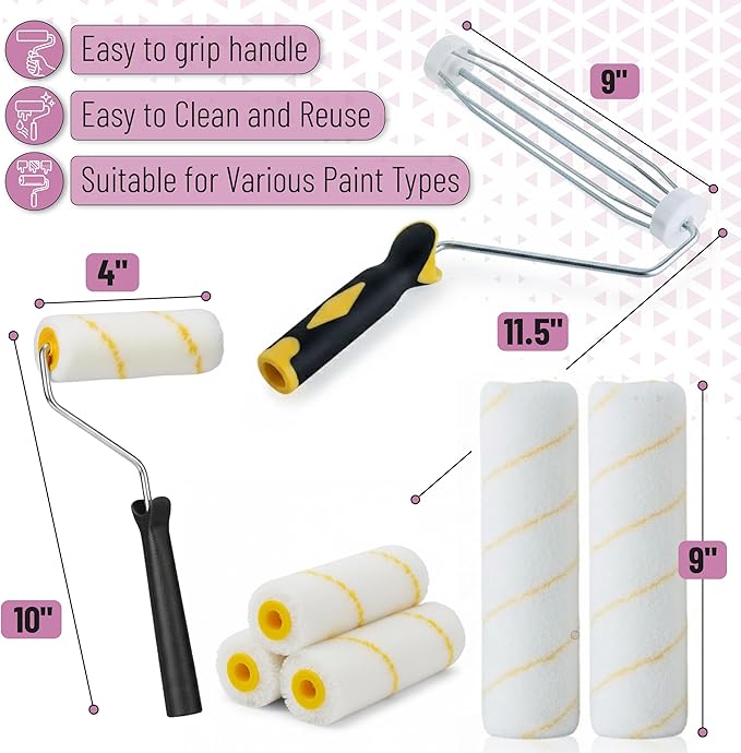 Bates- 9 Inch Paint Roller Kit, 17 pcs, Plastic Paint Tray, Clear Disposable Tray Liners, 4" & 9" Roller Frame, Roller Covers 4" & 9", Angle Brush, Plastic Scrappers, Can Opener and Stirring Rod