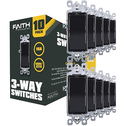 Faith [10-Pack] 3-Way Decorator Paddle Wall Light Switch, 15A 120/277V, On/Off Rocker, Black