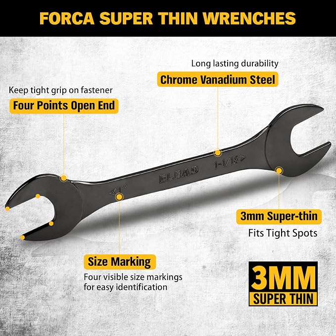 ELEAD 9-Piece Super-Thin Open End Wrench Set, SAE 1/4"-1-1/16", CR-V Nickel Plated, 3 mm Thickness Ultra-Slim Wrench Set for Tight Spaces, Durable Roll-Up Pouch for Mechanics