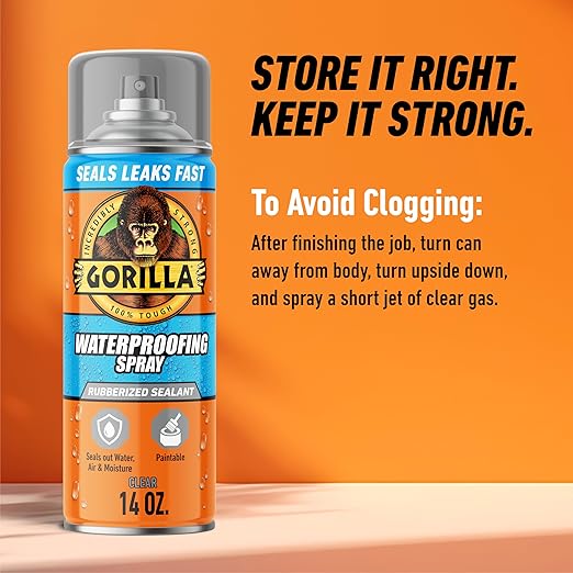 Gorilla Waterproofing Spray, Rubberized Sealant, Clear, 14 Ounce (Pack of 1) - Seals Out Water, Air, and Moisture