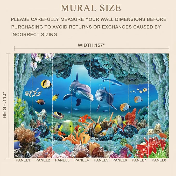 MFWFM Ocean Wallpaper Peel and Stick Underwater 3D Dolphin Wall Murals | 157"x110", for Bedroom Living Room Bathroom, Self Adhesive Canvas