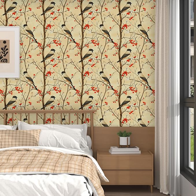 Yellow Bird Wallpaper Peel and Stick, Vintage Tree Botanical Contact Paper 17.5" x 393", Retro Floral Fruits Wall Paper Self Adhesive Removable Waterproof for Bedroom Walls Shelf Cabinet Drawer Table