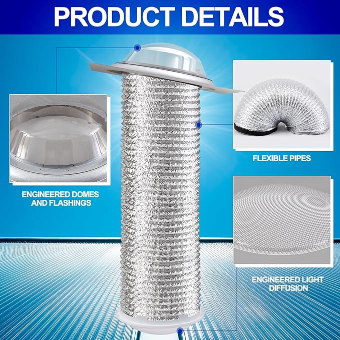 16 Inch Solar Tube Skylight, Tubular Daylight Roof Light with Acrylic Dome & Low-Profile Flashing, Flexible Reflective Tube for Bedroom, Hallway, Living Room & Interior Lighting
