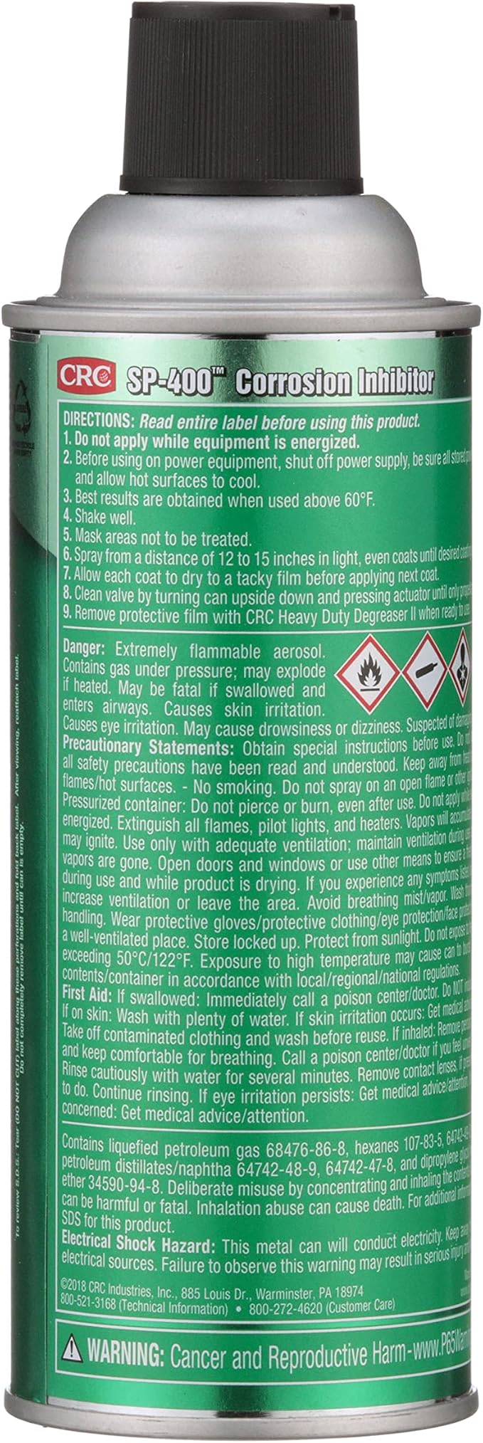 CRC Sp-400 Corrosion Inhibitor, 10 Wt Oz, Seals Out Moisture Completely For All Bare Metals, Long-Term Indoor/Outdoor Protection, NSF H2 Registered, Aerosol Spray