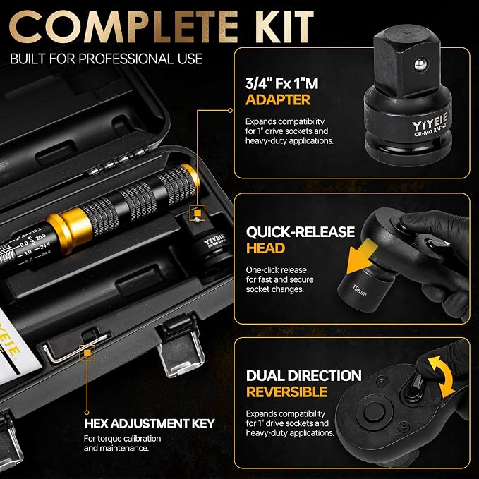 3/4″ Drive Click Torque Wrench Set 3PCS, 100-700 FT-LB/136-949 Nm | ±3% Accuracy, 48-Tooth Ratchet, Dual-Direction Loud Click Torque Wrench for Heavy Trucks, RV, Tractor, Trailer,Diesel Engine