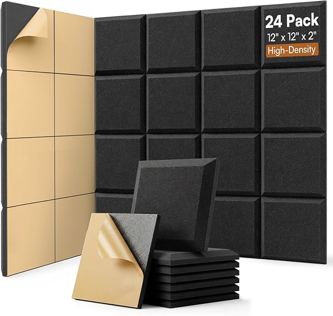 SODOCT 24 Pack Acoustic Foam Panels Flat Shape, Self-Adhesive 12 x 12 x 2 Inches, High-Density Acoustic Foam, Sound Proofing, Sound Absorbing Panels for Studio, Podcast, Home Office