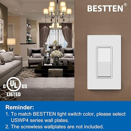 BESTTEN 10 Pack Single Pole Decorator Wall Light Switch, 15A 120/277V, Paddle Light Switch, On/Off Rocker Interrupter, UL Listed, White