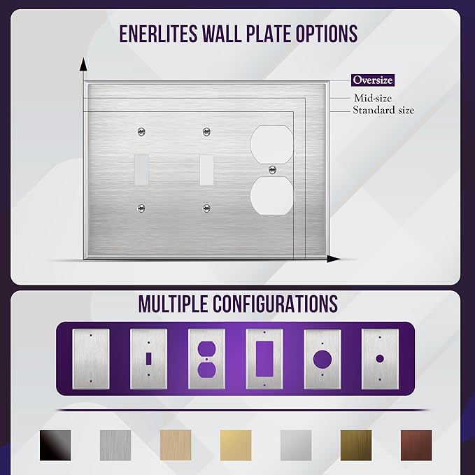 ENERLITES Combination Two Toggle/One Duplex Receptacle Metal Wall Plate, Oversize 3-Gang, 5.51” x 7.48”, UL Listed, 771221O, 430 Stainless Steel