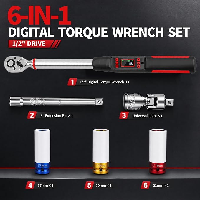1/2" Digital Torque Wrench Set 6Pcs, 14.7-295Ft-lb(20-400Nm) ±2% Acc, Triple Vib/Beep/LED Alert, 5 Units, Torque Preset, Non-Marring Sockets, Ext Bar, Hard Case, Car Truck RV Tire Suspension Tool