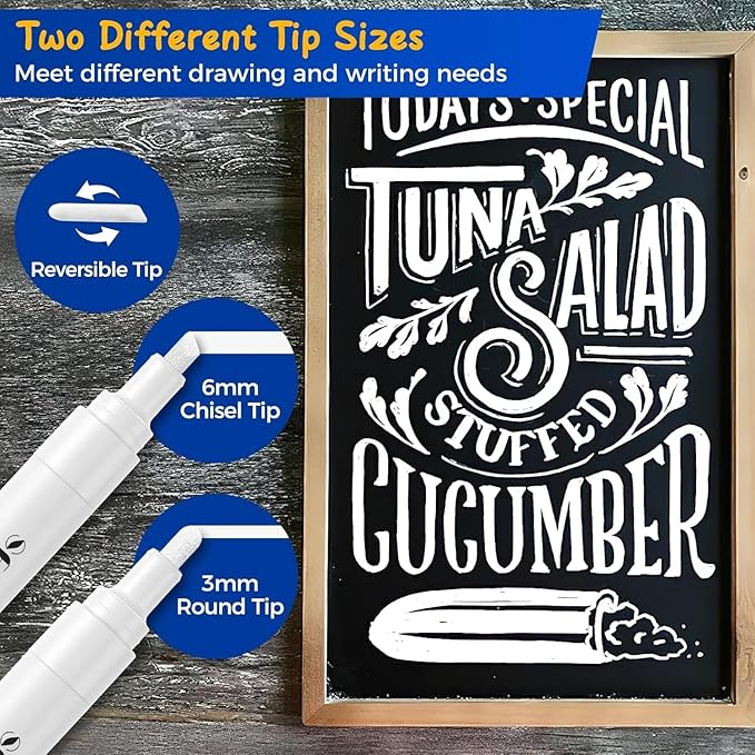 SFAIH Liquid Chalk Markers for Blackboard - White 8 Pack 6mm Reversible Tip, Wet Erase Chalk Marker for Chalkboard, Menu, Bistro, Signs, Windows, Glass, Labels, [1s Wet Wipe] - No Residue