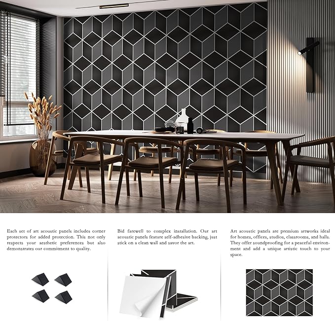 12Pack Acoustic Panels, Self-Adhesive Sound Proof Panels for Walls, Decorative 3D Textured Printing Sound Dampening Panels Sound Absorption Tiles for Studio, Office, Home, 12×12×0.4", Black