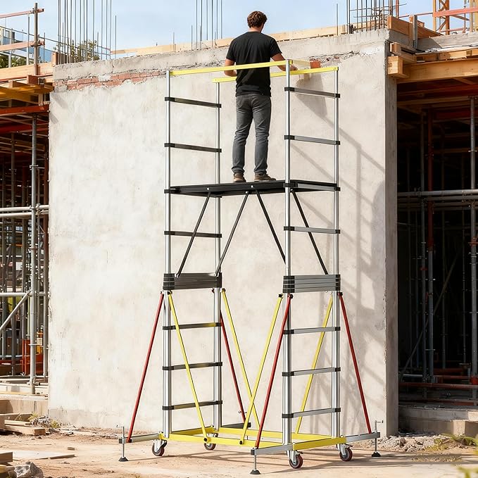 APARECIUM 14‘ Aluminum Scaffold Tower, Multipurpose Rolling Scaffolding Work Platform, Utility Scaffolding Tower, Adjustable Work Platform with Hatch Deck and Guard Rail, 500 Lbs Duty Rate
