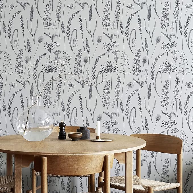 JiffDiff Peel and Stick Wallpaper Farmhouse Vintage Floral Contact Paper Wheat Meadow Removable Self Adhesive Wallpaper Black and White (14.2 sq.ft)