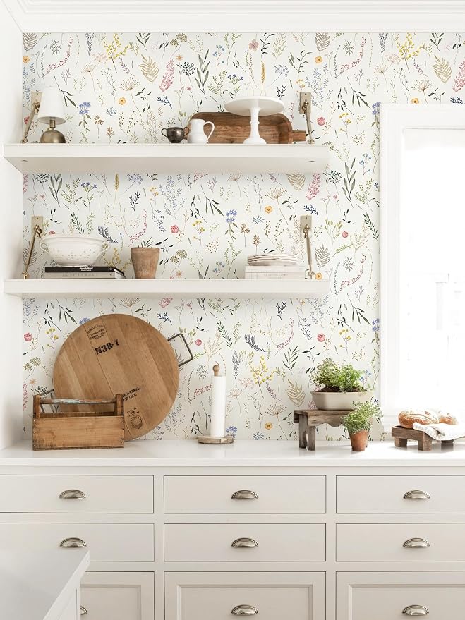 Dimoon 78.7"x16.1" Floral Peel and Stick Wallpaper Beige Contact Paper Thicken Wallpaper Delicate Flower Waterproof Green Leaf White Self Adhesive Removable Wall Paper Shelf Liner Decal Vinyl Roll
