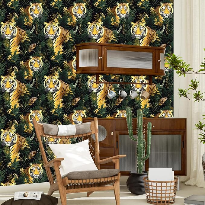 Gold Vintage Tiger Peel and Stick Wallpaper 17.5" x 393" | Waterproof Vinyl Self Adhesive Removable Renter Friendly Floral Contact Paper