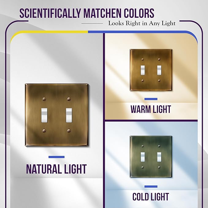 ENERLITES Double Toggle Light Switch Metal Cover Plate, Stainless Steel Wall Plate, Corrosion Resistant, Standard Size 2-Gang 4.50" x 4.57", Stainless Steel 201, 7712-AB, Antique Brass (Pack of 1)