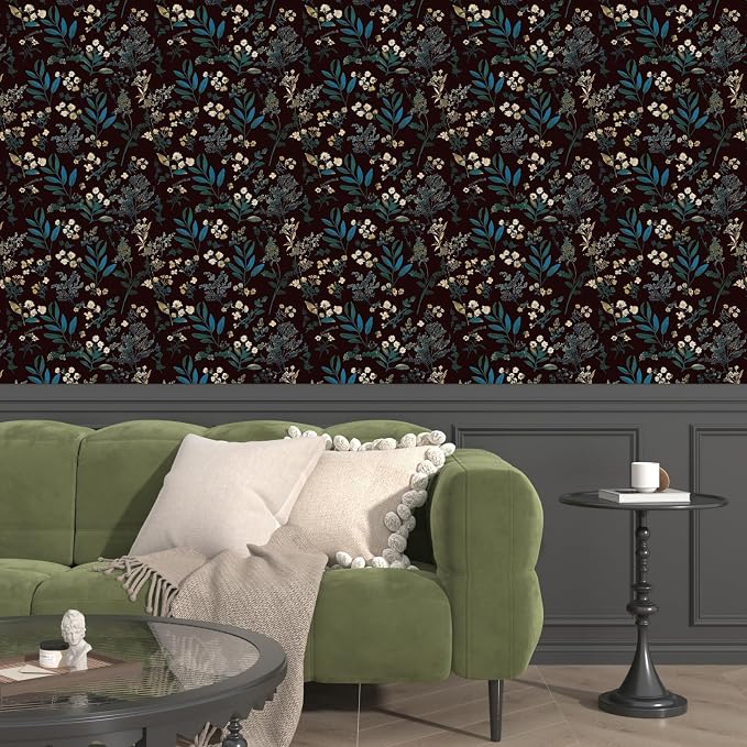 Laatse Vintage Wallpaper Peel and Stick Dark Green Floral Wallpaper 17.5'' x 118'' Green Leaf Contact Paper Vinyl Waterproof Self Adhesive Boho Botanical Wall Paper for Bedroom Cabinet Décor