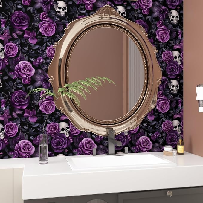 Gothic Dark Purple Skull Floral Wallpaper Peel and Stick 17.5"x118" | Self Adhesive/Removable/Waterproof/Thick Vinyl Vintage Contact Paper for Bathroom Bedroom Shelf Cabinet Drawer,Prepasted