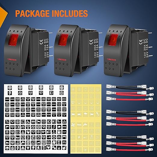 Nilight 3 Pack Rocker Switches with Night Glow DIY Stickers On Off 5 PIN SPST LED Light Red Backlit 12V/24V Toggle for Cars Trucks RVs Boats Auto Motorcycles