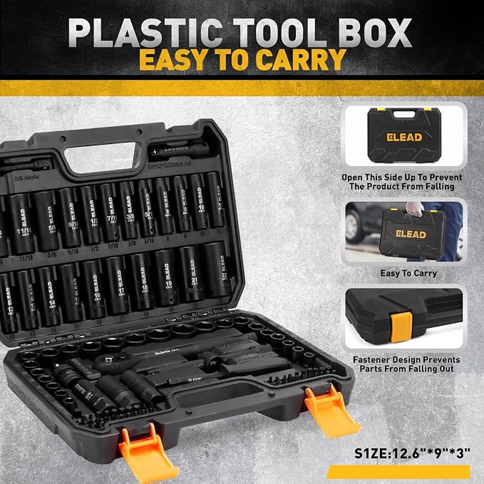 96-Piece 3/8" Drive Impact Socket Set, SAE(5/16 to 3/4-Inch) & Metric(8-22mm), Standard & Deep Sockets, Ratchet Handle, Bit Set, Universal Joint, Extension Bar, Adapters, Spark Plug Sockets