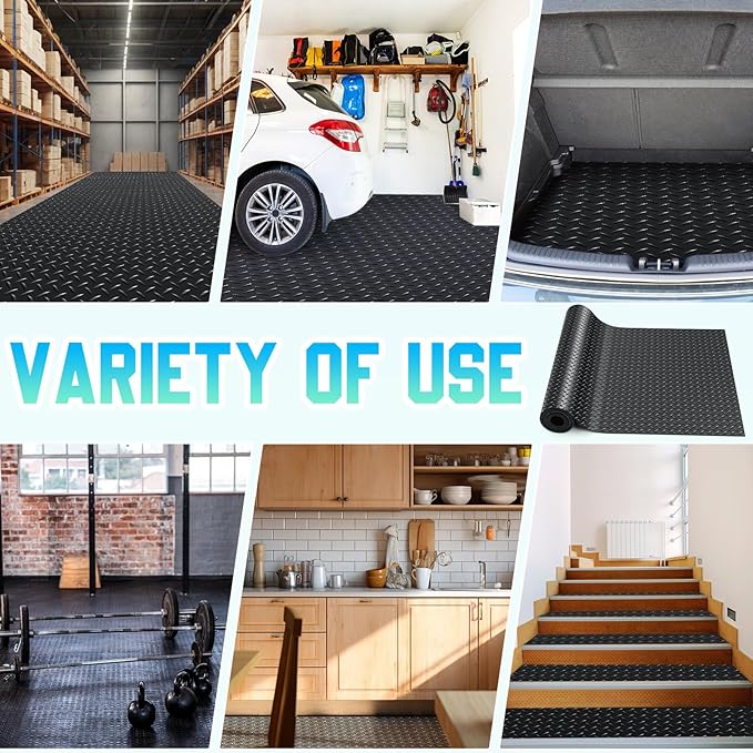 Breling 16 in x 10 ft Rubber Diamond Plate Rolls Garage Floor Mat for Under Car, Heavy Duty Flooring Rug for Trailers Garage, PVC Water/Stain Outside Resistant Parking Rv Tool