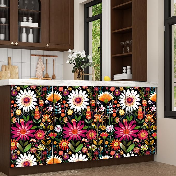 BOKEBEVE Floral Wallpaper Peel and Stick Boho Pink Colorful 17.5 x 393.5In | Extra Long Removable Renter Friendly Vintage Floral Wall Paper for Bedroom Bathroom Cabinet Drawer Feature Accent Wall
