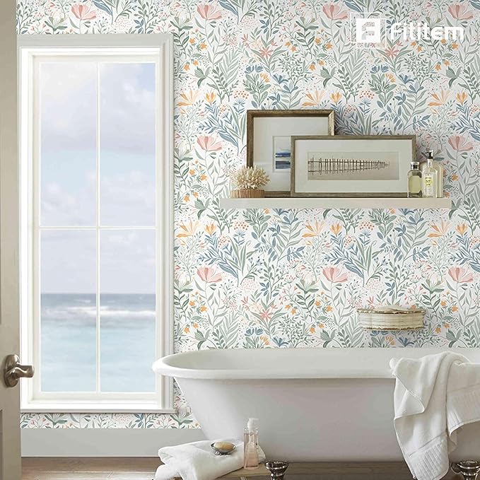 Fititem Floral Peel and Stick Wallpaper Boho Modern Wall Paper 17.3”×591” | Wildflower Self Adhesive Contact Paper for Cabinet Fun Nature Removable Waterproof Wallpaper for Bathroom Kids Bedroom Decor