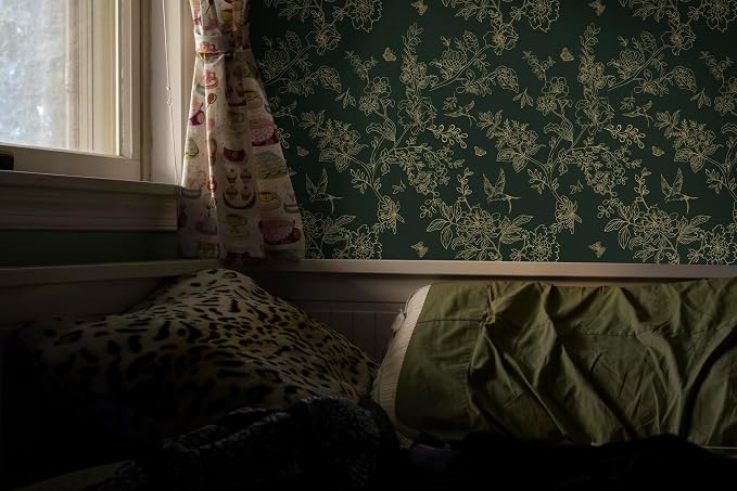 Froluya Green and Gold Peel and Stick Wallpaper for Bathroom 17.7in×590.5in | Dark Green Floral Wallpaper Vintage Contact Paper Peel and Stick Flowers Birds Removable Self Adhesive Cabinets Wall Paper