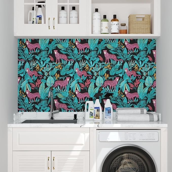 Blue Pink Vintage Leopard Peel and Stick Wallpaper 17.5" x 118" | Waterproof Vinyl Self Adhesive Removable Renter Friendly Floral Contact Paper