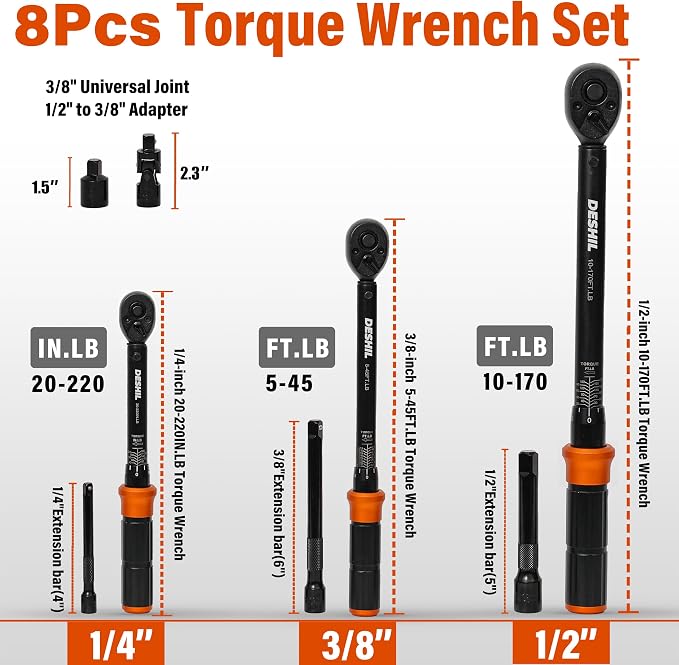 8Pcs Torque Wrench Set, 1/4 3/8 1/2-inch Drive Click Torque Wrench | 20–220 in-lb, 5–45 ft-lb and 10–170 ft-lb with Adapters for Bike, Motorcycle, Car and Truck Maintenance.