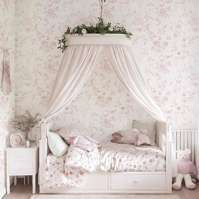 Ismoon Floral Peel and Stick Wallpaper Vintage Pink Wall Paper French Textured Contact Paper Removable Self Adhesive Wallpaper for Bedroom Vinyl Roll Renter Friendly 17.3in×9.84 ft