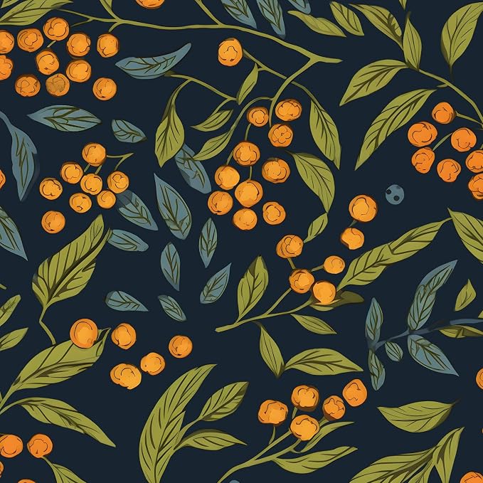BOKEBEVE Leaf Floral Wallpaper Peel n Stick Boho Blue Orange 17.5 x 78.5In | Removable Self Adhesive Renter Friendly Vintage Floral Wall Paper for Bedroom Bathroom Living Room Feature Accent Wall