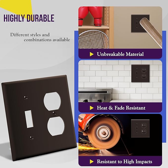 ENERLITES Combination Toggle Light Switch/Duplex Receptacle Outlet Wall Plate, Standard Size 2-Gang 4.50" x 4.57", Polycarbonate Thermoplastic, 881121-BR, Brown
