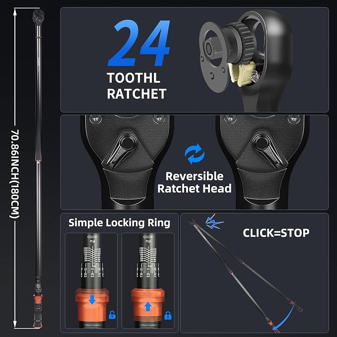 Torque Wrench 1-Inch Drive Dual Range Scales 200-1500ft.lb/271.0-2032.5Nm | ±3% Precision, 24 Tooth Dual-direction Torque Wrenches for Wind Turbines Dockyards Car Truck Repair