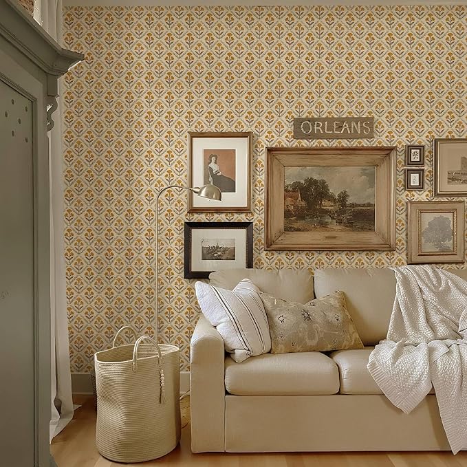 Dimoon 394"x17.3" Peel and Stick Wallpaper Floral Cute Contact Paper Vintage Village Country Cottage Wallpaper Farmhouse Yellow Beige Renter Friendly Geometry Waterproof Embossed Kitchen Bedroom