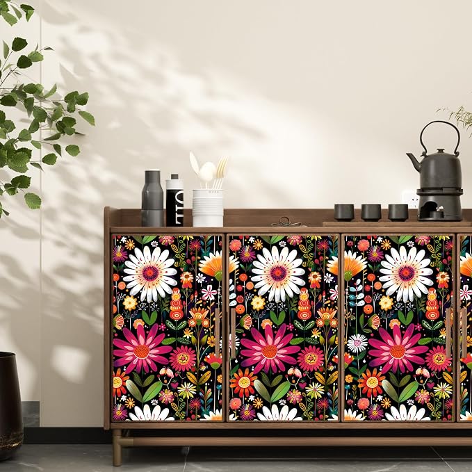 BOKEBEVE Floral Wallpaper Peel and Stick Boho Pink Colorful 17.5 x 118In | Removable Self Adhesive Renter Friendly Vintage Floral Wall Paper for Bedroom Bathroom Cabinet Drawer Feature Accent Wall