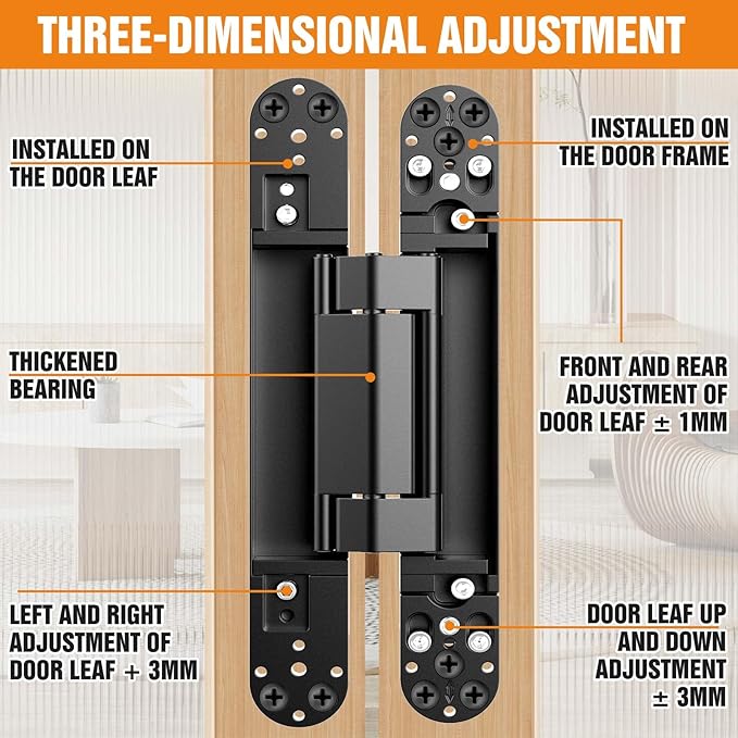 9.7" Hidden Door Hinge/Concealed Hinges,Invisible Hinges,Invisible Door Silent 180 Degree Swing Hinge 3-Way Adjustable Butt 9.7 x 3.3 x 1inch (Black, 9.7 inches)